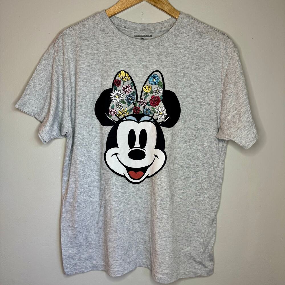 Disney Minnie Mouse Floral Bow Heather Grey Graphic T-Shirt Freeze Size Large